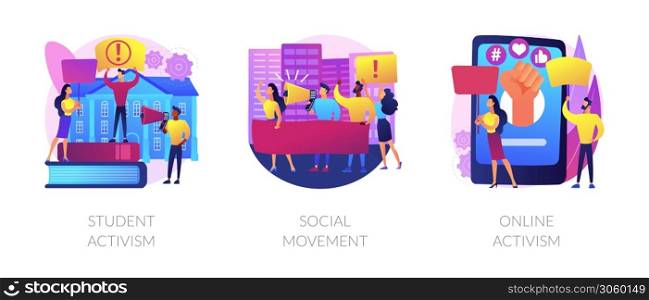 Political and social change abstract concept vector illustration set. Student and online activism, social movement, big crowd, mass protest, group action, digital communication abstract metaphor.. Political and social change abstract concept vector illustrations.