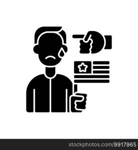 Political cyberbullying black glyph icon. Offensive comment. Victim of discrimination. Shaming for politics. Threat to upset person. Silhouette symbol on white space. Vector isolated illustration. Political cyberbullying black glyph icon