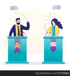 Political debate. Male and female politicians speak emotionally. People on podium speak into microphones. Political candidates, election campaign banner. Trendy flat vector illustration. Political debate. Male and female politicians speak emotionally. People on podium speak into microphones. Political candidates