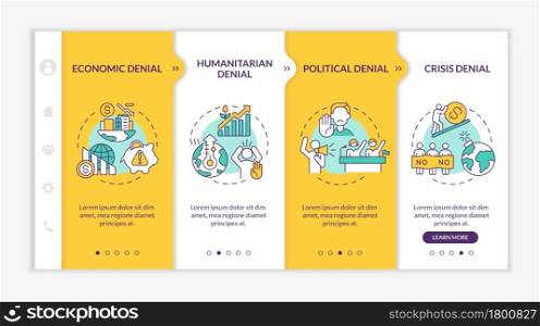 Political denial onboarding vector template. Responsive mobile website with icons. Web page walkthrough 4 step screens. Climate change deniers color concept with linear illustrations. Political denial onboarding vector template