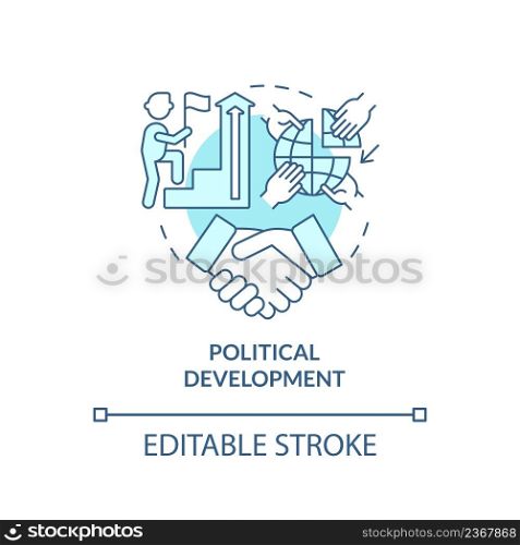 Political development turquoise concept icon. National safety. Community security abstract idea thin line illustration. Isolated outline drawing. Editable stroke. Arial, Myriad Pro-Bold fonts used. Political development turquoise concept icon