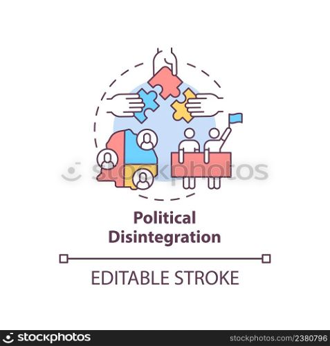 Political disintegration concept icon. Armed hostilities result abstract idea thin line illustration. National collapse. Isolated outline drawing. Editable stroke. Arial, Myriad Pro-Bold fonts used. Political disintegration concept icon