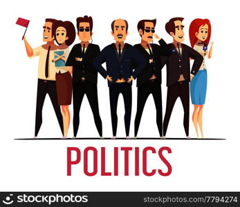 Political election campaign leading candidates public appearance with bodyguards and spouses cartoon characters composition poster vector illustration . Politics Election People Cartoon Composition