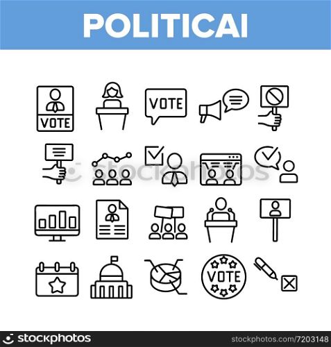 Political Election Collection Icons Set Vector. Political Candidate Speaking On Tribune, Government Building And Loudspeaker Concept Linear Pictograms. Monochrome Contour Illustrations. Political Election Collection Icons Set Vector