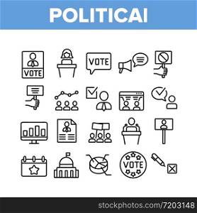 Political Election Collection Icons Set Vector. Political Candidate Speaking On Tribune, Government Building And Loudspeaker Concept Linear Pictograms. Monochrome Contour Illustrations. Political Election Collection Icons Set Vector