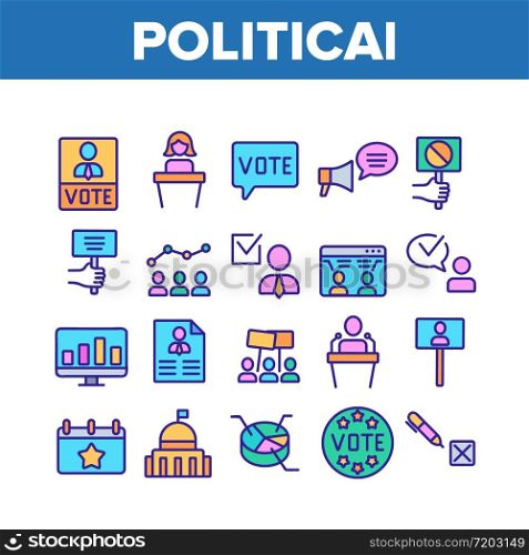 Political Election Collection Icons Set Vector. Political Candidate Speaking On Tribune, Government Building And Loudspeaker Concept Linear Pictograms. Color Illustrations. Political Election Collection Icons Set Vector