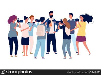 Political interview. Businessman talk with crowd journalists, photographers and popular person. Public relations manager or politician vector illustration. Journalist interview businessman. Political interview. Businessman talk with crowd journalists, photographers and popular person. Public relations manager or politician vector illustration