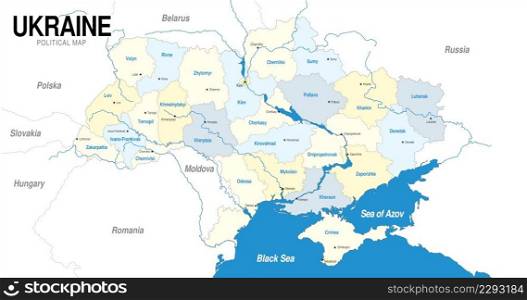 Political map of Ukraine in blue and yellow color on a white background. Vector image