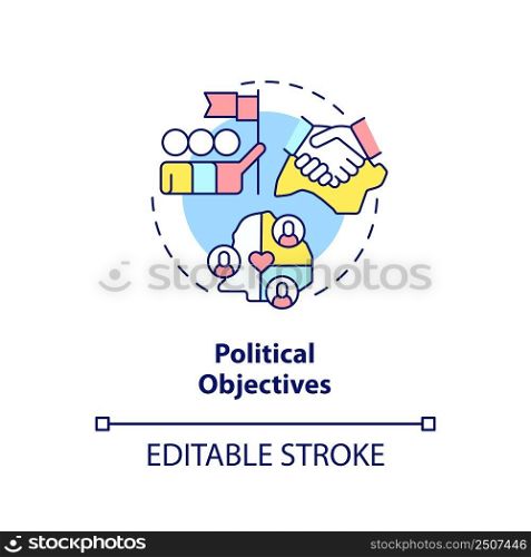 Political objectives concept icon. International cooperation process abstract idea thin line illustration. Isolated outline drawing. Editable stroke. Arial, Myriad Pro-Bold fonts used. Political objectives concept icon
