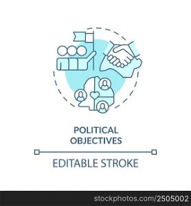 Political objectives turquoise concept icon. International cooperation process abstract idea thin line illustration. Isolated outline drawing. Editable stroke. Arial, Myriad Pro-Bold fonts used. Political objectives turquoise concept icon