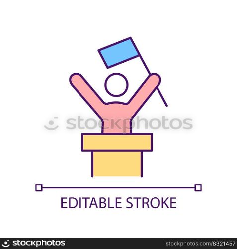 Political party leader on podium RGB color icon. Politician performing with flag. Candidate for president. Isolated vector illustration. Simple filled line drawing. Editable stroke. Arial font used. Political party leader on podium RGB color icon