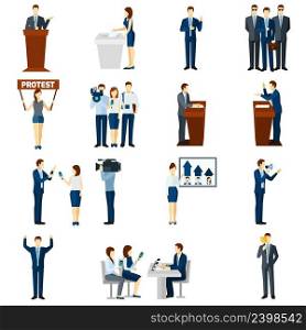 Political party leaders programs speeches broadcast and democratic election procedure pictograms set flat abstract isolated vector illustration. Politics flat icons set
