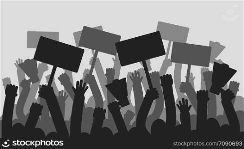 Political protest with silhouette protesters hands holding megaphone, banners and flags. Strike, revolution, conflict vector background. Illustration strike political protester and demonstration. Political protest with silhouette protesters hands holding megaphone, banners and flags. Strike, revolution, conflict vector background