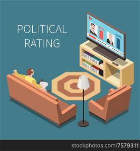 Political rating isometric background with man in home interior watching tv with political competitors on screen vector illustration