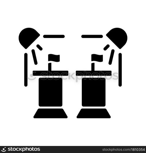 Political show black glyph icon. President debate broadcast on television. Government congress. Watch politician dispute live on TV. Silhouette symbol on white space. Vector isolated illustration. Political show black glyph icon