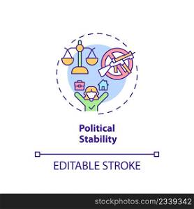 Political stability concept icon. Moving for safety. Pull factor for migration abstract idea thin line illustration. Isolated outline drawing. Editable stroke. Arial, Myriad Pro-Bold fonts used. Political stability concept icon