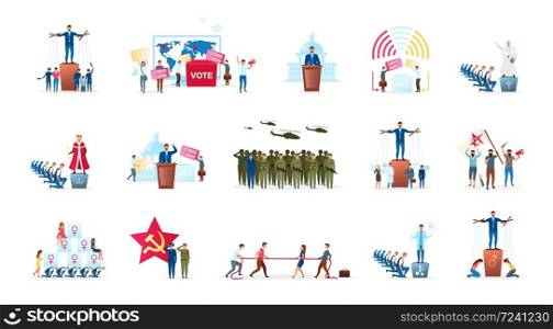 Political system metaphor flat vector illustration set. Different forms of governments. Head of state. Radical ideologies. Election process. Monarchy and republic. Politicians cartoon characters. Political system metaphor flat vector illustration set