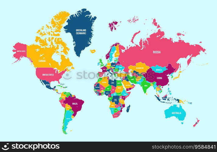 Political world map. Detailed continents, countries borders and names ...