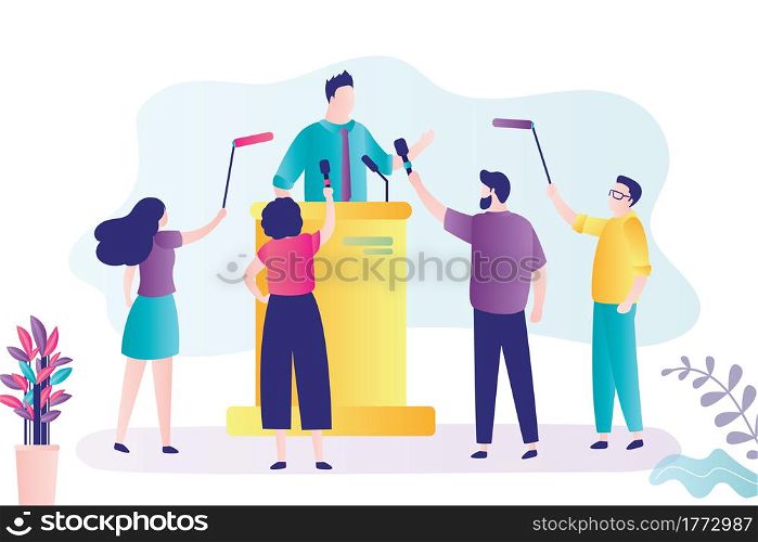 Politician answers reporters questions. Businessman at tribune with microphones. Press conference vector banner. Business presentation or conference. Male speaker and group of people listen to speech.. Politician answers reporters questions. Businessman at tribune with microphones. Press conference vector banner.
