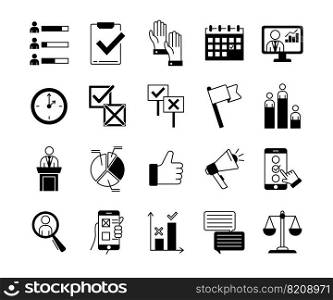 Politician ballot signs. Capitol building. President and congress voting icons. Justice debate in parliament. Law protest. Vote paper checkmarks. Smartphone survey. Vector black silhouette symbols set. Politician ballot signs. Capitol building. President and congress voting. Justice debate in parliament. Law protest. Vote paper. Smartphone survey. Vector black silhouette symbols set