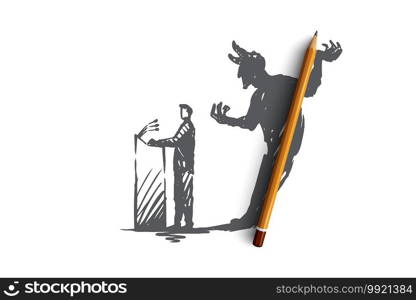 Politician, debate, elections vector concept. Politician speaking from podium with devil shadow behind. People with signs in hands taking part in rally. Hand drawn sketch isolated illustration. Politician, debate, elections concept. Hand drawn sketch isolated illustration