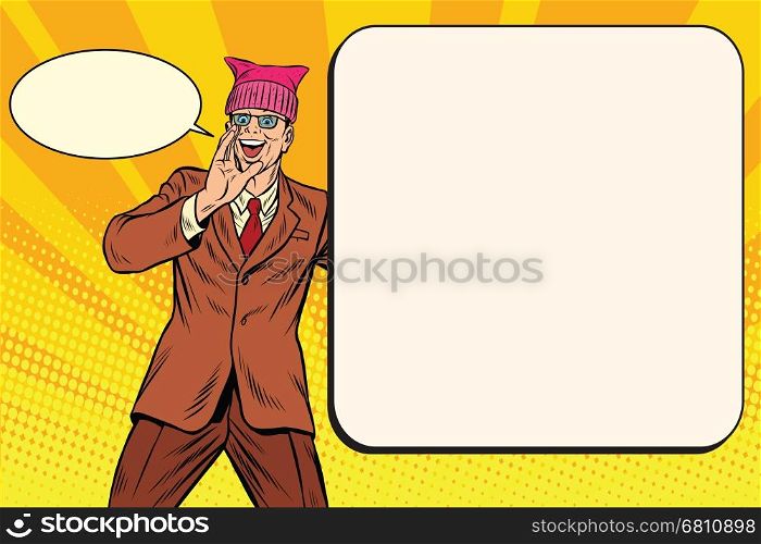 Politician man in a pussy hat campaigning. Retro pop art comic vector illustration. Politician man in a pussy hat campaigning