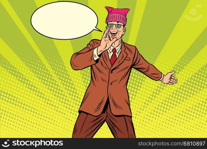 Politician man in a pussyhat campaigning. Retro pop art comic vector illustration. Politician man in a pussyhat campaigning