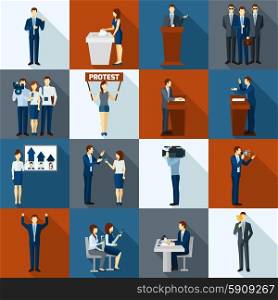 Politics and government election flat icons set isolated vector illustration. Politics Icons Set