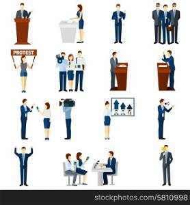 Politics flat icons set. Political party leaders programs speeches broadcast and democratic election procedure pictograms set flat abstract isolated vector illustration