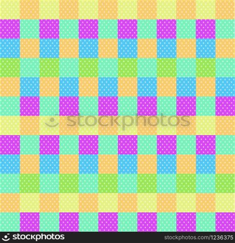 Polka dot checkered background seamless pattern with orange pink blue yellow green squares and checks. Pop art backdrop, baby shower wallpaper, multicolored wrapping paper ornament illustration. Polka dot checkered background seamless pattern