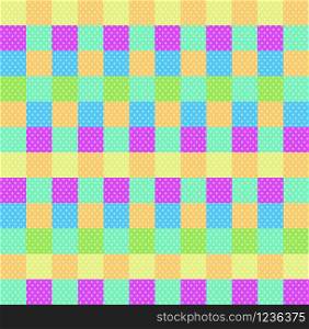 Polka dot checkered background seamless pattern with orange pink blue yellow green squares and checks. Pop art backdrop, baby shower wallpaper, multicolored wrapping paper ornament illustration. Polka dot checkered background seamless pattern