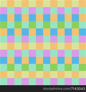 Polka dot checkered background seamless pattern with orange pink blue yellow green squares and checks. Pop art backdrop, baby shower wallpaper, multicolored wrapping paper Cartoon illustration. Polka dot check square background seamless pattern