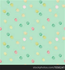 Polka dot random seamless pattern. Pink, green, yellow and white circles on light blue background. Decorative backdrop for fabric design, textile print, wrapping paper, cover. Vector illustration.. Polka dot random seamless pattern. Pink, green, yellow and white circles on light blue background.