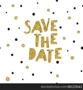 Polka dot Save the Date card. Gold foil letters effect.