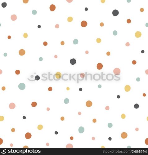 Polka dot seamless pattern with colorful circles on a white background. Can be used for textile, wallpaper, and nursery. Vector illustration.