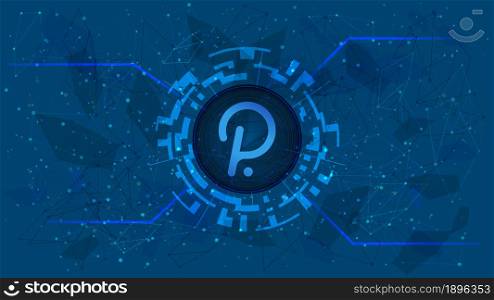 Polkadot DOT token symbol in a digital circle on polygonal blue background. Cryptocurrency coin icon. Digital gold for website or banner. Copy space. Vector.
