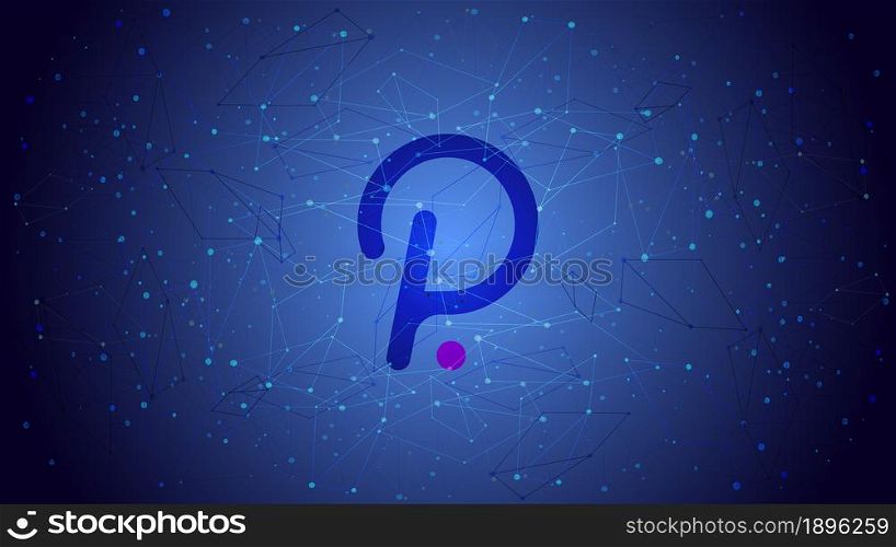 Polkadot DOT token symbol on a blue polygonal background. Cryptocurrency logo icon. Vector illustration for website or banner.