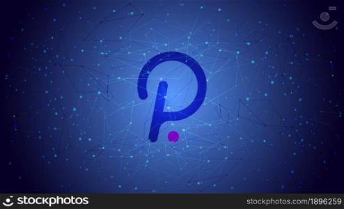 Polkadot DOT token symbol on a blue polygonal background. Cryptocurrency logo icon. Vector illustration for website or banner.