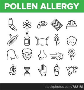 Pollen Allergy Symptoms Vector Linear Icons Set. Spring Seasonal Allergy, Respiratory Infection Outline Symbols Pack. Plants Allergic Reactions Isolated Contour Illustration. Skin Rash, Sneezing. Pollen Allergy Symptoms Vector Linear Icons Set