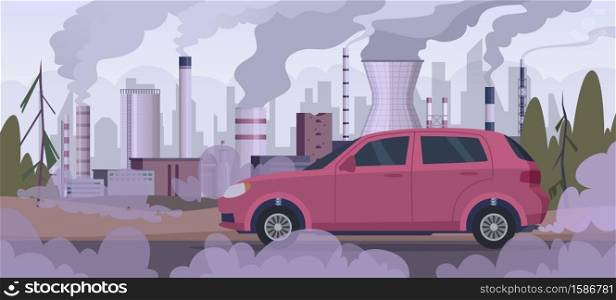 Polluter car. Atmospheric pollution industrial factory automobile traffic engine smoke bad urban environment vector background. Pollution from car and factory illustration. Polluter car. Atmospheric pollution industrial factory automobile traffic engine smoke bad urban environment vector background