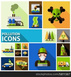 Pollution and environment toxic damage flat decorative icons set isolated vector illustration. Pollution Icons Set