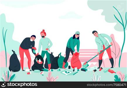 Pollution background with group of people collecting garbage flat vector illustration
