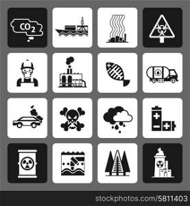 Pollution dangerous earth damage icons black set isolated vector illustration. Pollution Icons Black Set