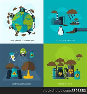 Pollution design concept set with environmental contamination bacteriological danger operating plants flat icons isolated vector illustration