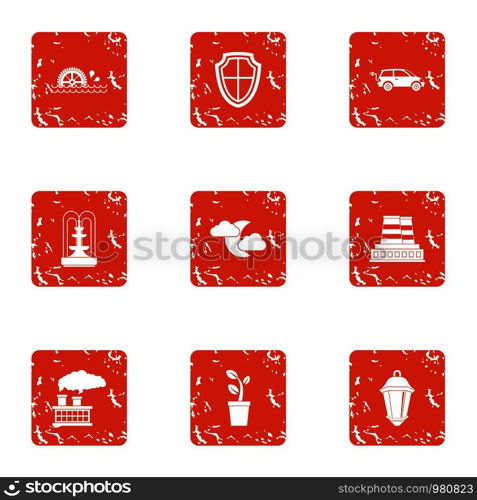 Pollution eco area icons set. Grunge set of 9 pollution eco area vector icons for web isolated on white background. Pollution eco area icons set, grunge style