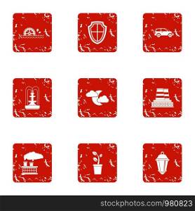 Pollution eco area icons set. Grunge set of 9 pollution eco area vector icons for web isolated on white background. Pollution eco area icons set, grunge style