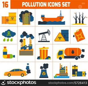Pollution environment contamination toxic waste and ecology icons set isolated vector illustration