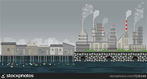 Pollution environment plant pipe dirty waste air and water polluted environment ,slum on the riverbank with garbage, social and pollution environment problem concept ,vector illustration.