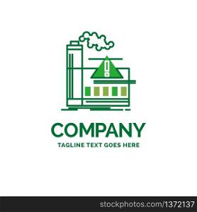 pollution, Factory, Air, Alert, industry Flat Business Logo template. Creative Green Brand Name Design.