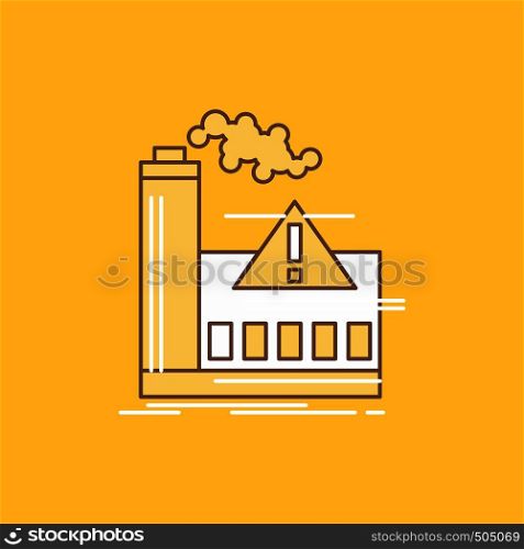 pollution, Factory, Air, Alert, industry Flat Line Filled Icon. Beautiful Logo button over yellow background for UI and UX, website or mobile application. Vector EPS10 Abstract Template background